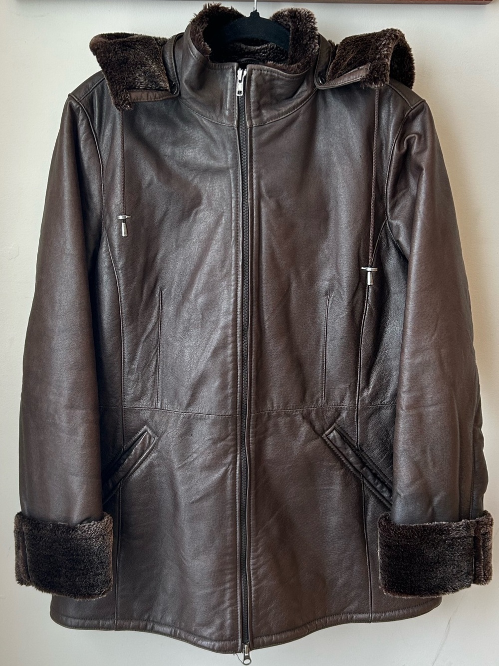 Danier Genuine Leather Hooded Coat Brown Plush Lined Y2K Winter Coat Size Lg